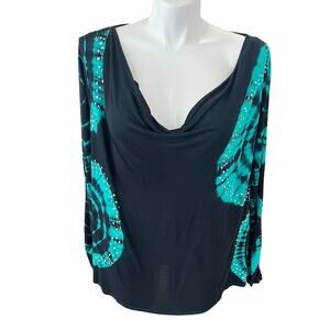 INC International Concepts Womens 3X Stretch Navy Blouse Seashell Long Sleeve